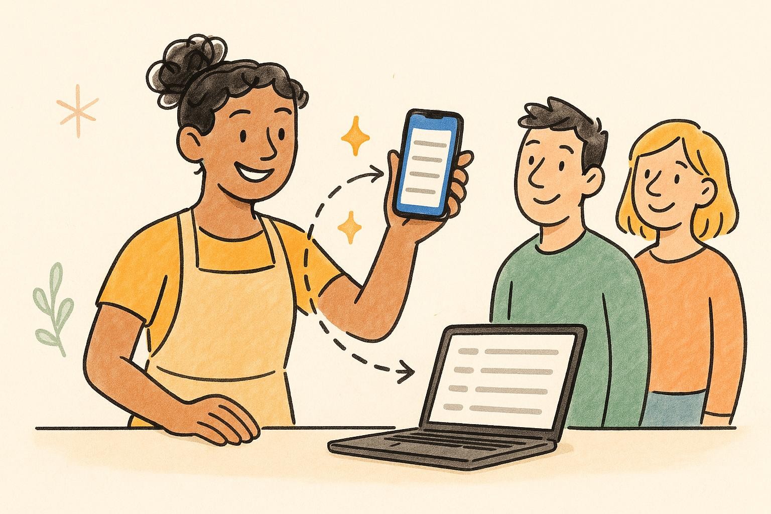 A host greeting customers while running their waitlist on a phone and a laptop